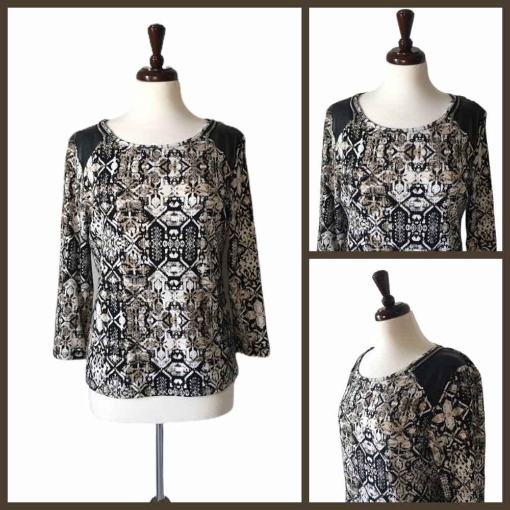 NWOT Rafaella top in blk/brn with leather, size PM